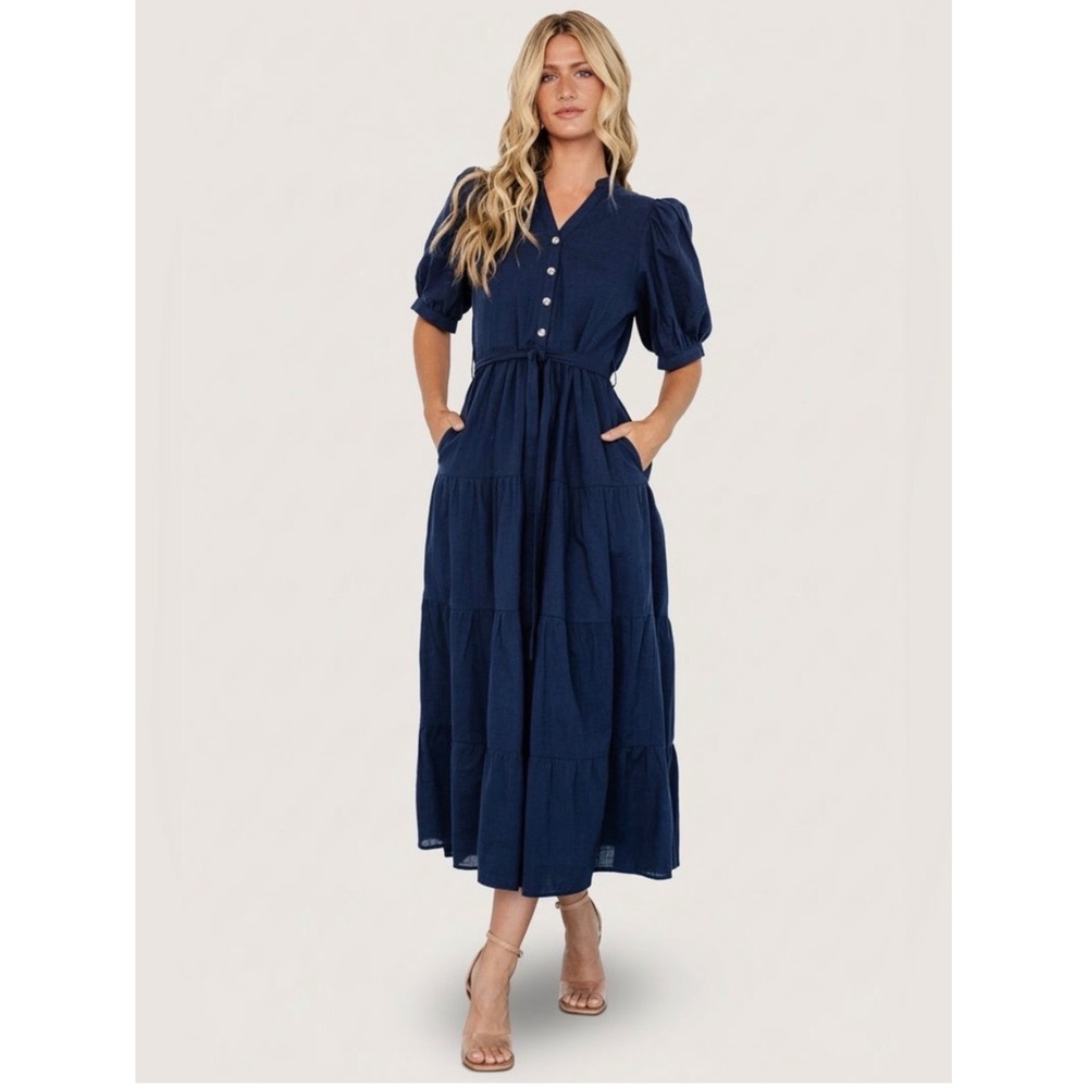 Baltic Born Camille Maxi Dress Navy Blue Cotton Puff Sleeve Tiered Small NWT